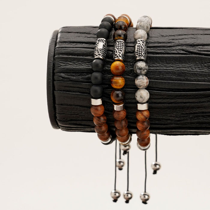 Men's beaded adjustable yellow tiger eye black agate map stone bracelet