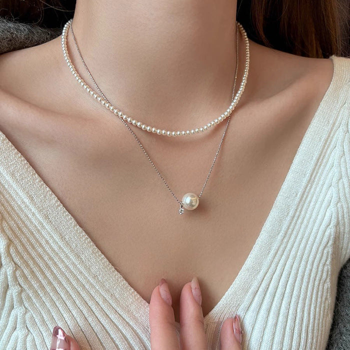 S925 Sterling Silver Single Diamond Imitation Pearl Necklace