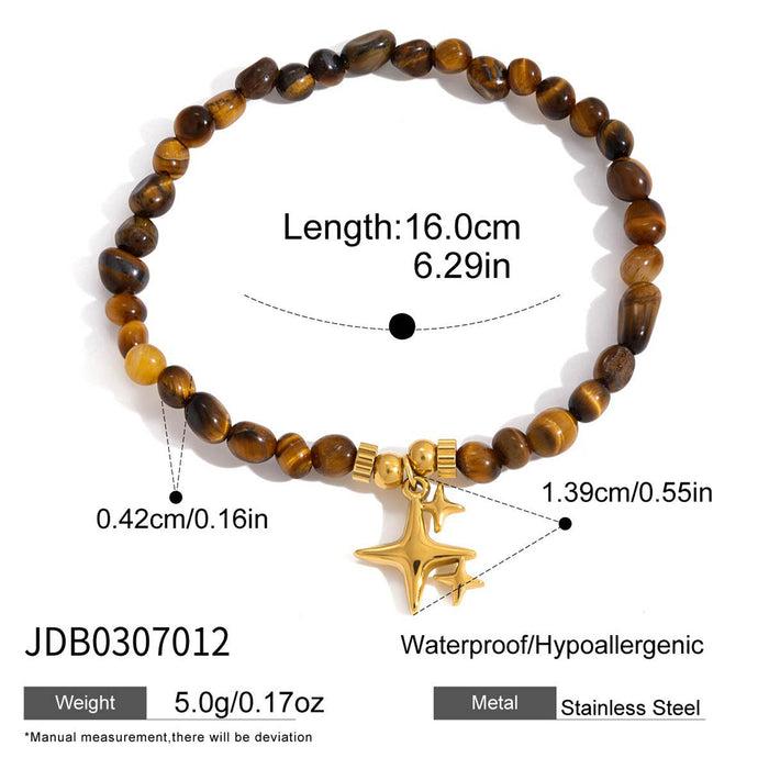 Tiger's eye four-pointed star stainless steel beaded bracelet
