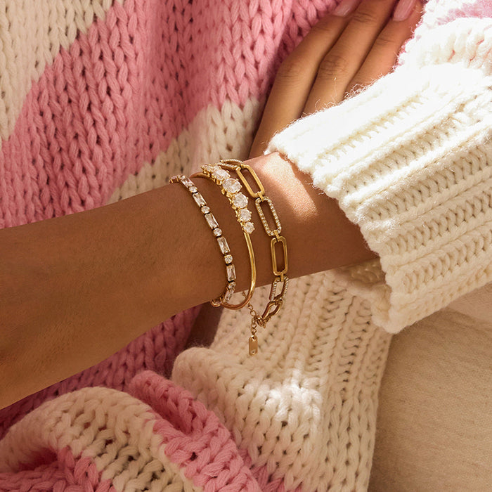 Round White Zircon Open Stainless Steel Bracelet