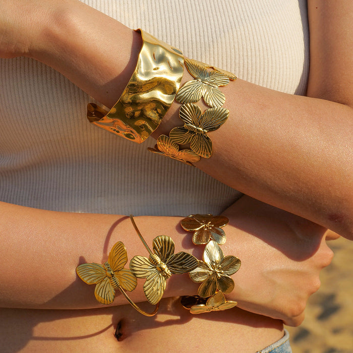 Stainless Steel Flower Necklace Earrings Pearl Ring Open Bracelet