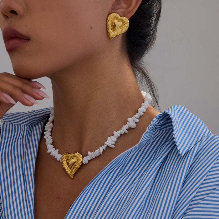 Stainless steel hammer pattern love white gravel stud earrings necklace