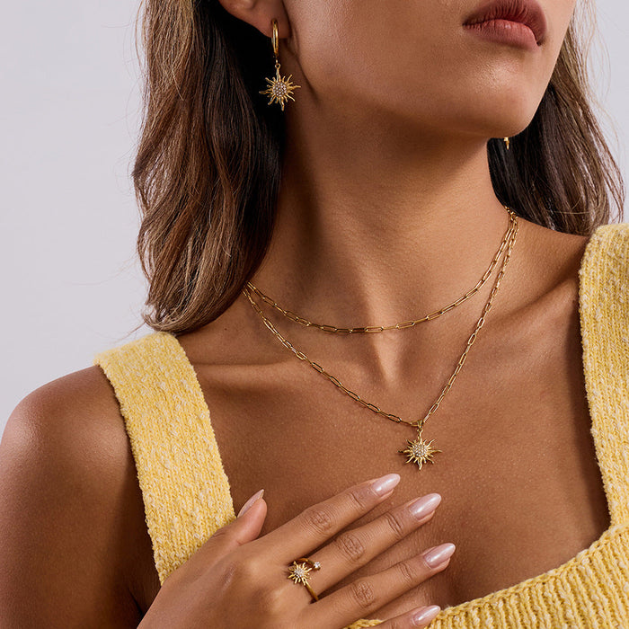 Titanium steel sun necklace ring earrings