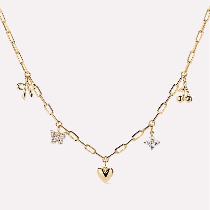 Paper clip chain love bow cherry necklace