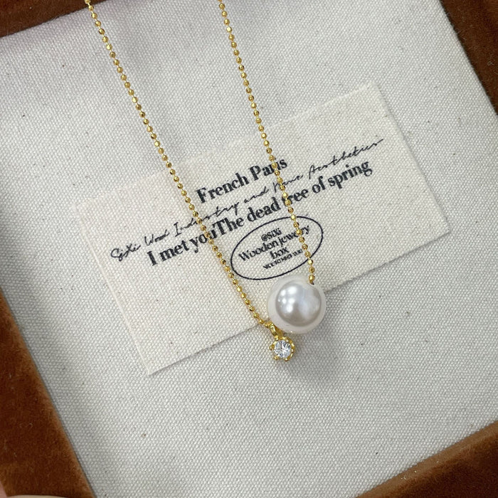S925 Sterling Silver Single Diamond Imitation Pearl Necklace