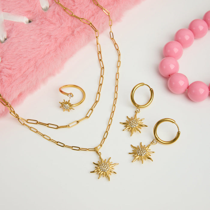 Titanium steel sun necklace ring earrings