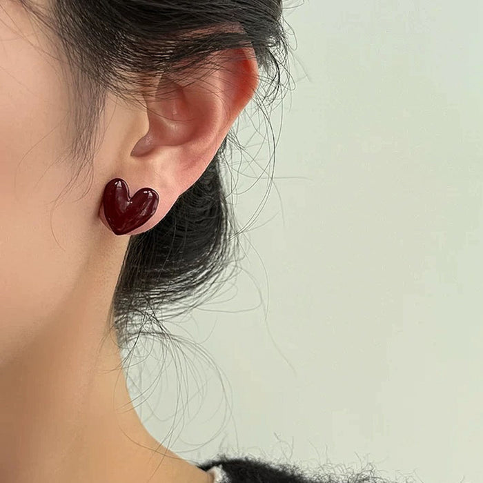 Red love drop glaze metal stud earrings