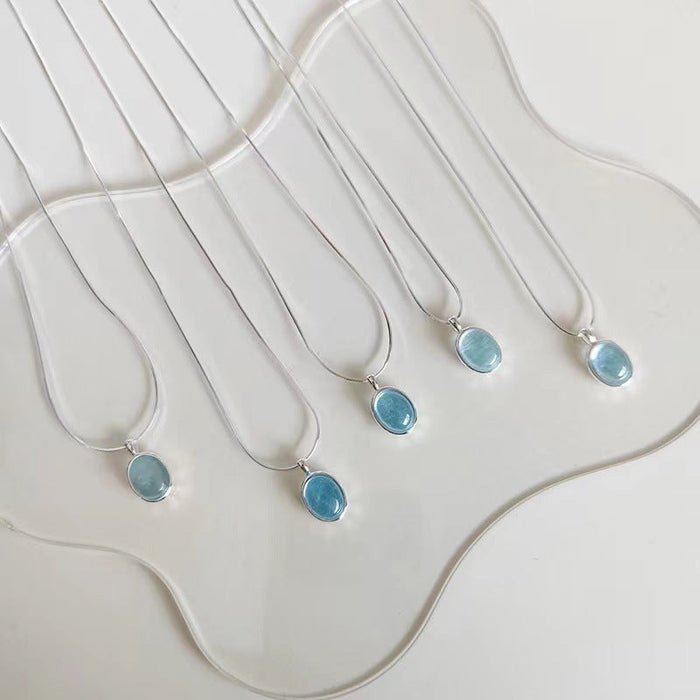 925 Sterling Silver Aquamarine Oval Necklace