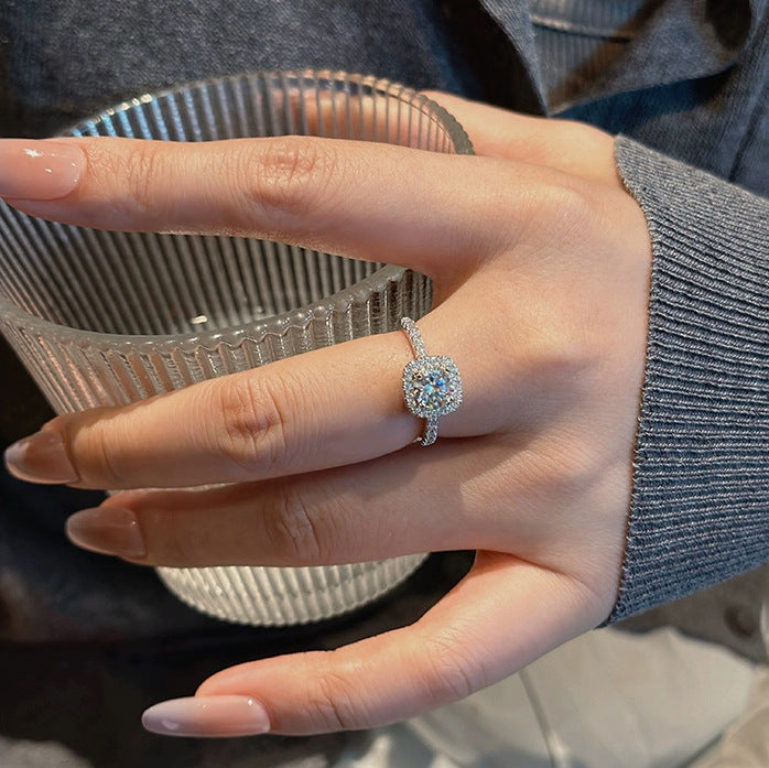 925 Sterling Silver Moissanite Four-Prong Square Cut Diamond Ring