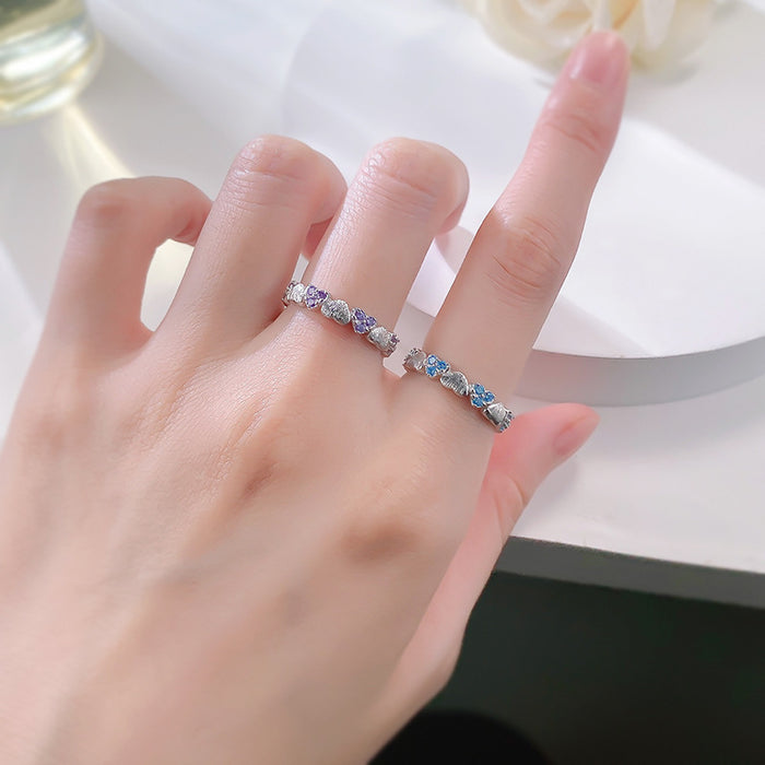 S925 Silver Brushed Full Ring Purple Diamond Blue Diamond Love Ring