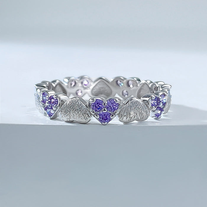 S925 Silver Brushed Full Ring Purple Diamond Blue Diamond Love Ring