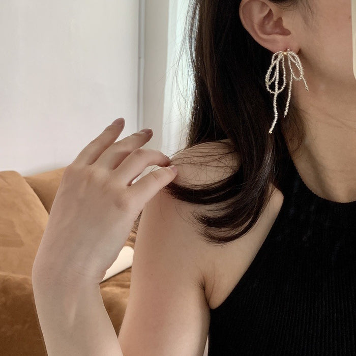 S925 Silver Needle Beaded Bow Fringed Earrings