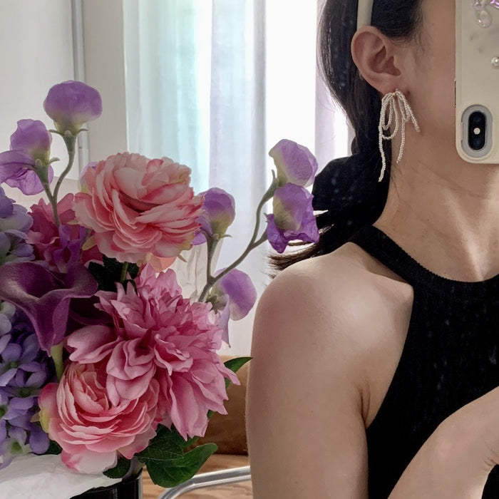 S925 Silver Needle Beaded Bow Fringed Earrings