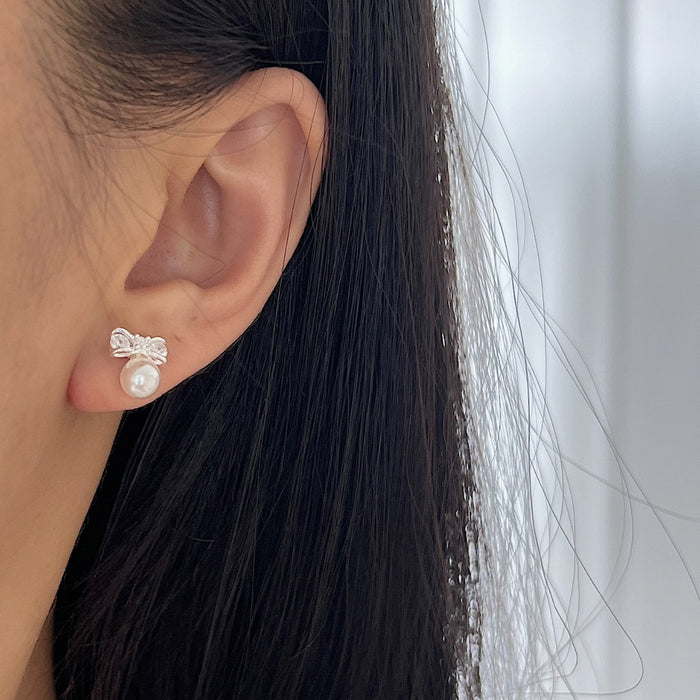 S925 Sterling Silver Bow Pearl Mini Stud Earrings