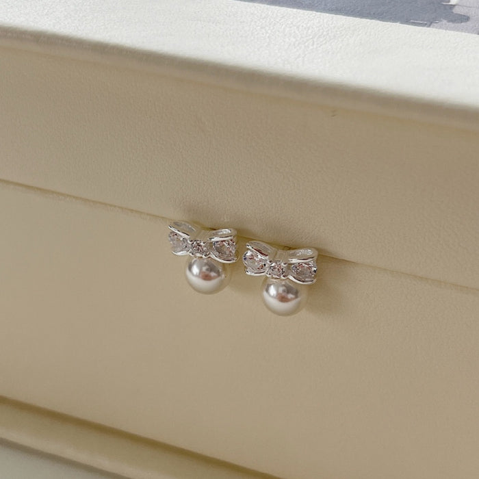 S925 Sterling Silver Bow Pearl Mini Stud Earrings