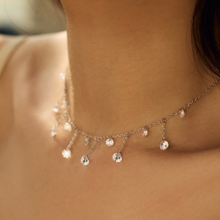 S925 Sterling Silver Crystal Fringed Pendant Necklace