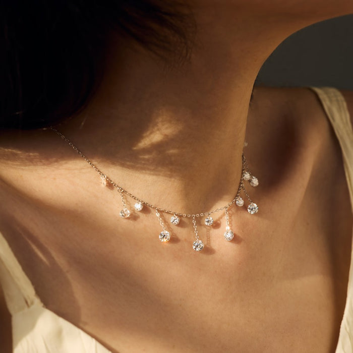 S925 Sterling Silver Crystal Fringed Pendant Necklace