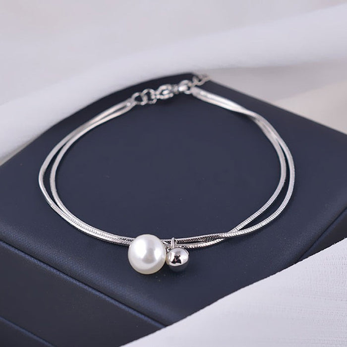 S925 Sterling Silver Freshwater Pearl Ball Double Snake Bone Bracelet