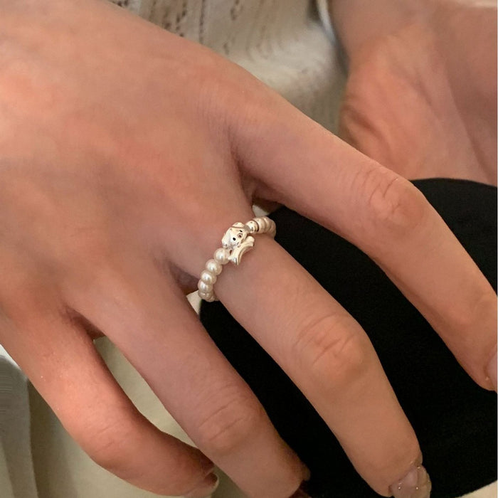 S925 Sterling Silver Happy Puppy Faux Pearl Stretch Ring
