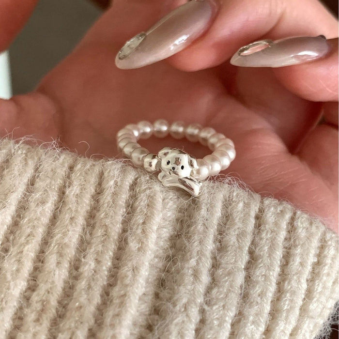 S925 Sterling Silver Happy Puppy Faux Pearl Stretch Ring