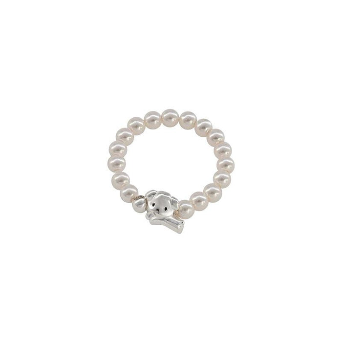 S925 Sterling Silver Happy Puppy Faux Pearl Stretch Ring