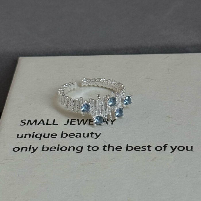 S925 Sterling Silver Irregularly Arranged Folded Sea Blue Diamond Open Ring