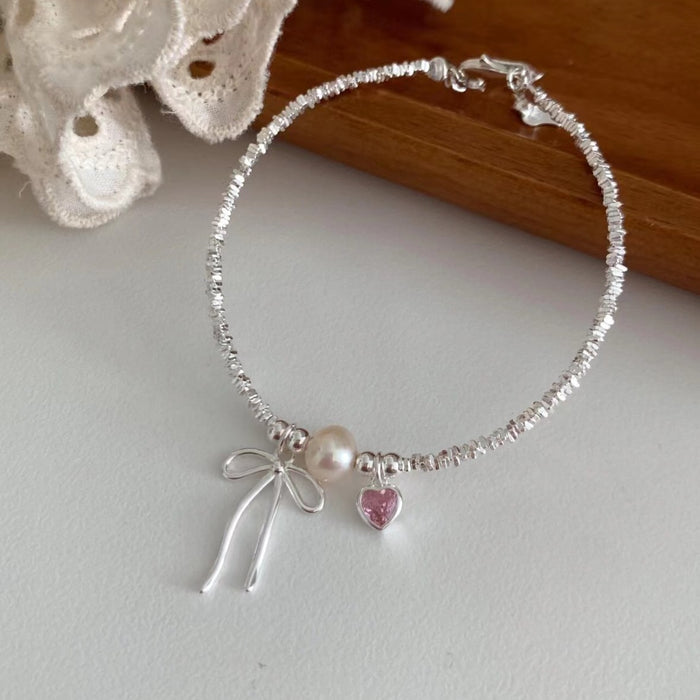 S925 Sterling Silver Pink Love Bow Crushed Silver Bracelet