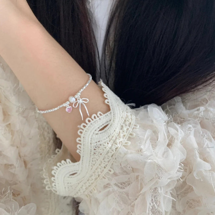S925 Sterling Silver Pink Love Bow Crushed Silver Bracelet