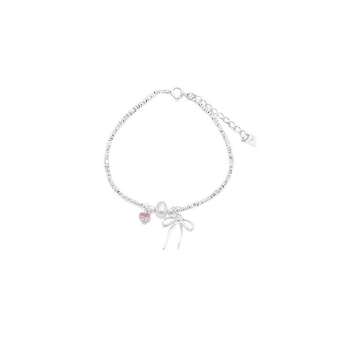 S925 Sterling Silver Pink Love Bow Crushed Silver Bracelet