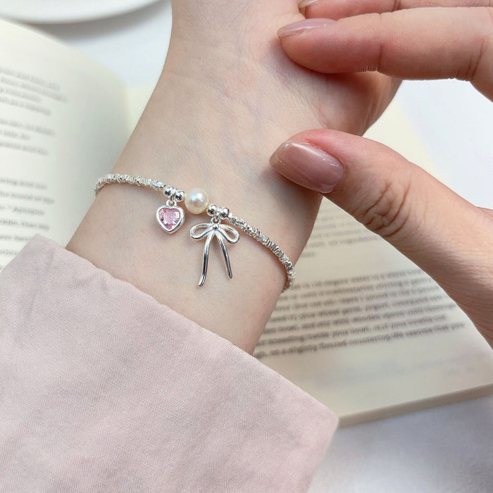 S925 Sterling Silver Pink Love Bow Crushed Silver Bracelet