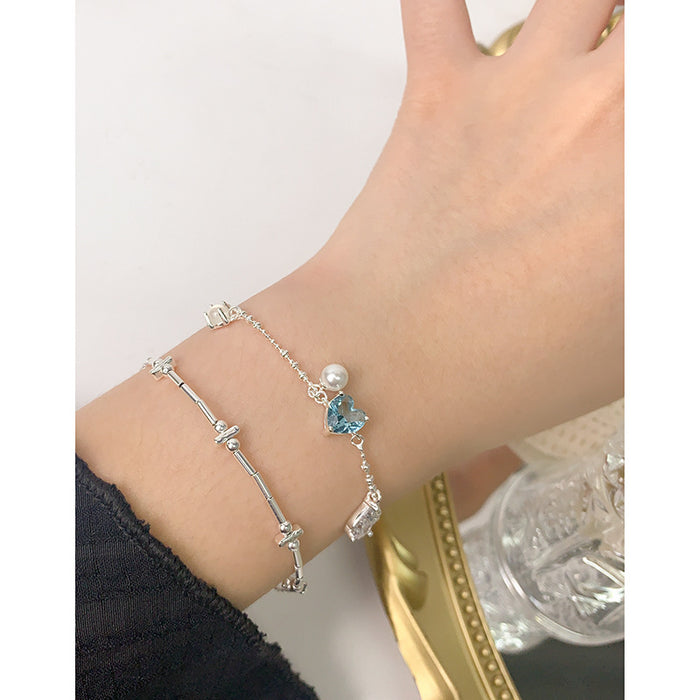 S925 Sterling Silver Sea Blue Heart Love Pearl Bracelet