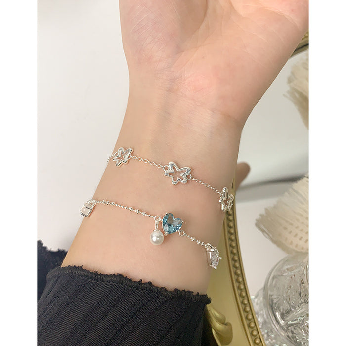 S925 Sterling Silver Sea Blue Heart Love Pearl Bracelet