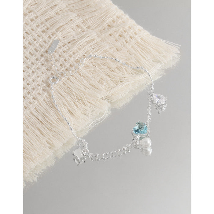 S925 Sterling Silver Sea Blue Heart Love Pearl Bracelet