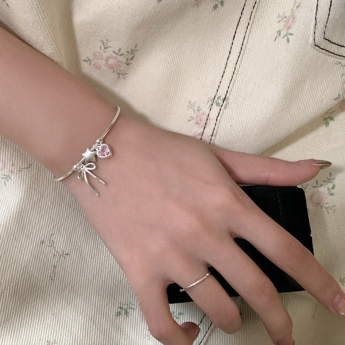 S925 Sterling Silver Star Bow Heart Pink Diamond Bracelet