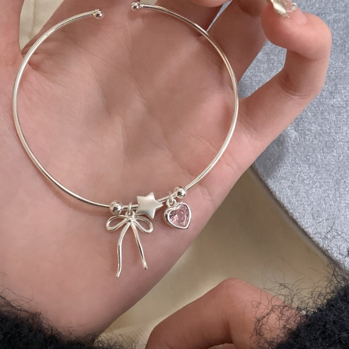 S925 Sterling Silver Star Bow Heart Pink Diamond Bracelet