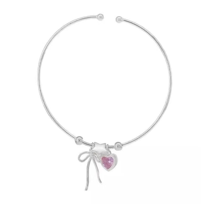 S925 Sterling Silver Star Bow Heart Pink Diamond Bracelet