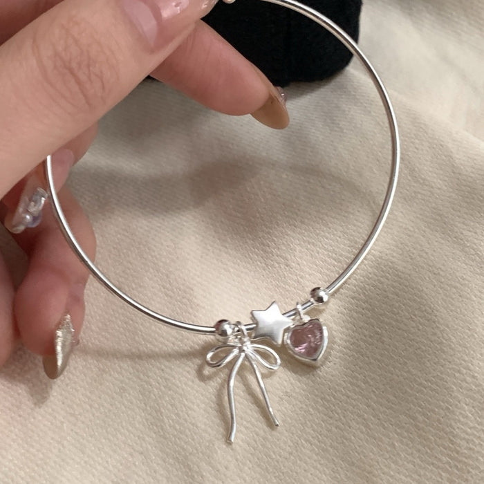 S925 Sterling Silver Star Bow Heart Pink Diamond Bracelet