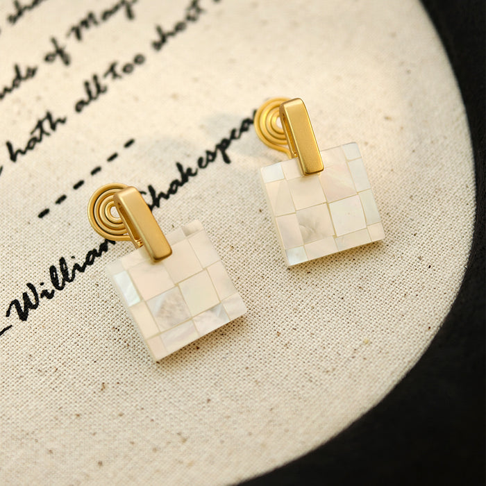 S925 silver needle butterfly shell splicing square stud earrings