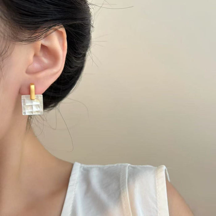 S925 silver needle butterfly shell splicing square stud earrings