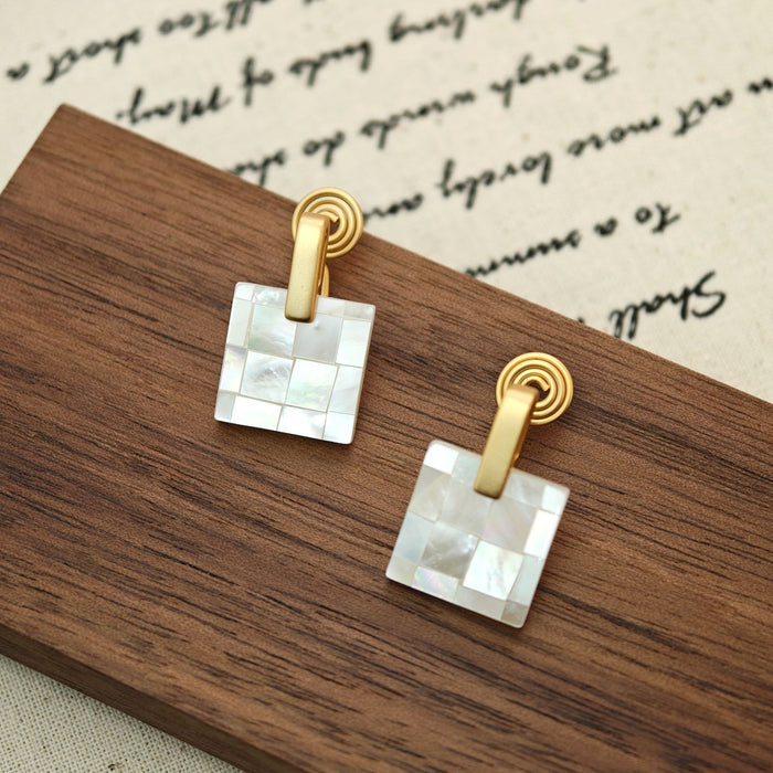 S925 silver needle butterfly shell splicing square stud earrings