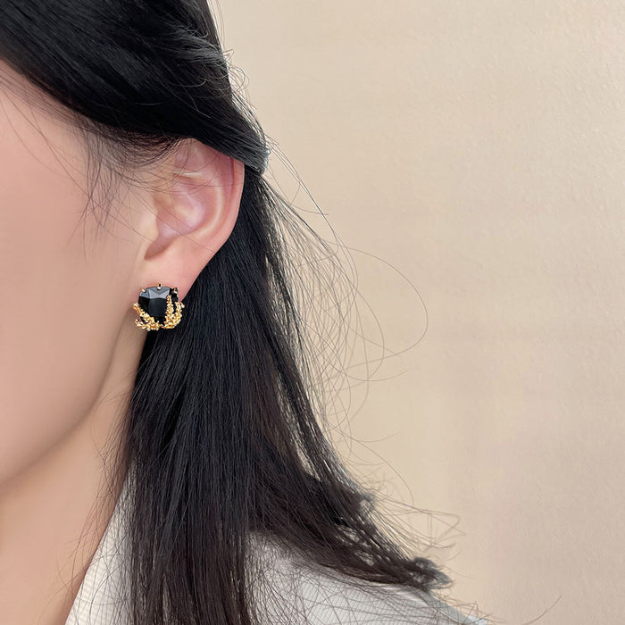 S925 silver needle gold wheat ear black gemstone stud earrings