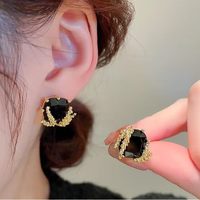 S925 silver needle gold wheat ear black gemstone stud earrings