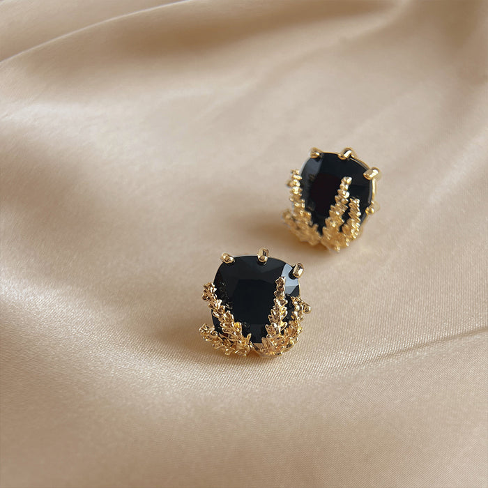 S925 silver needle gold wheat ear black gemstone stud earrings