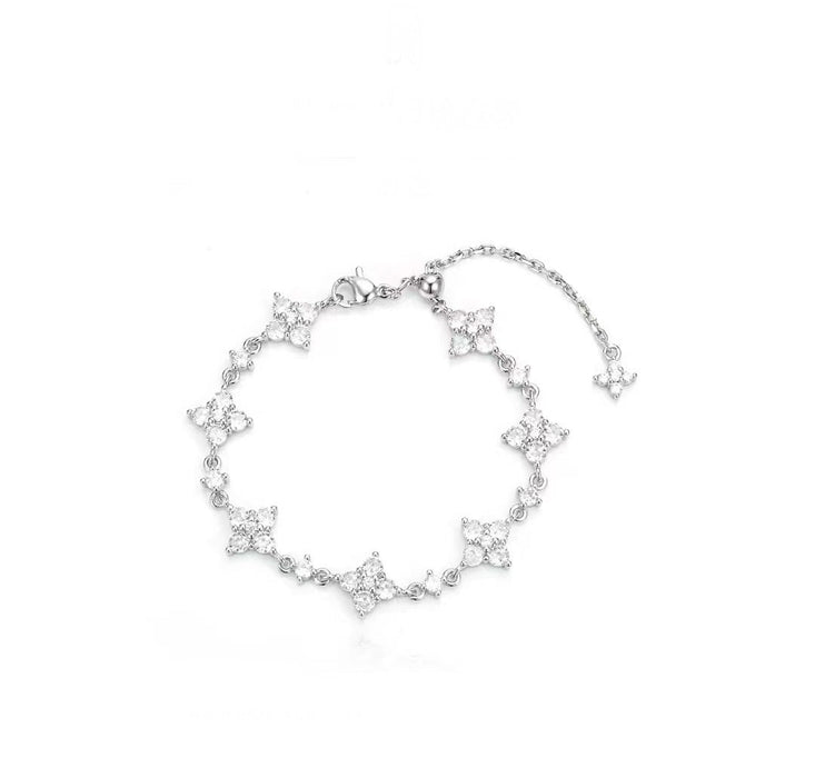 925 Sterling Silver Four-Leaf Clover Full Diamond Bracelet