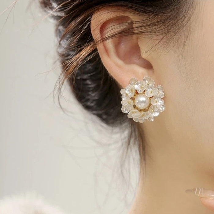 Silver Needle Pearl Flower Cluster Earrings