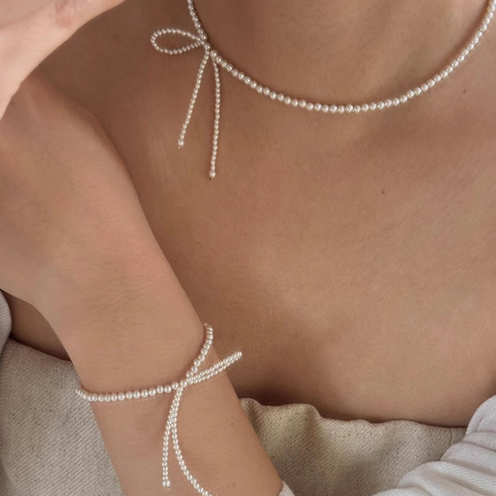 Sterling Silver Bowknot Artificial Pearl Necklace
