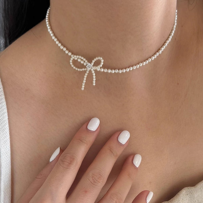 Sterling Silver Bowknot Artificial Pearl Necklace