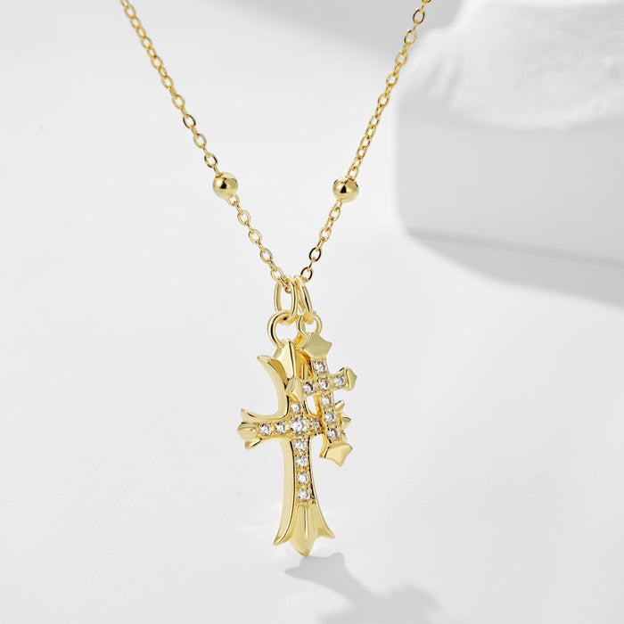 Super Exquisite~ S925 Sterling Silver Gold Double Cross Necklace