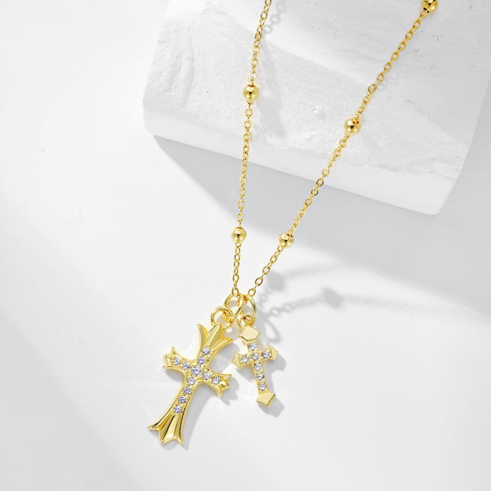 Super Exquisite~ S925 Sterling Silver Gold Double Cross Necklace