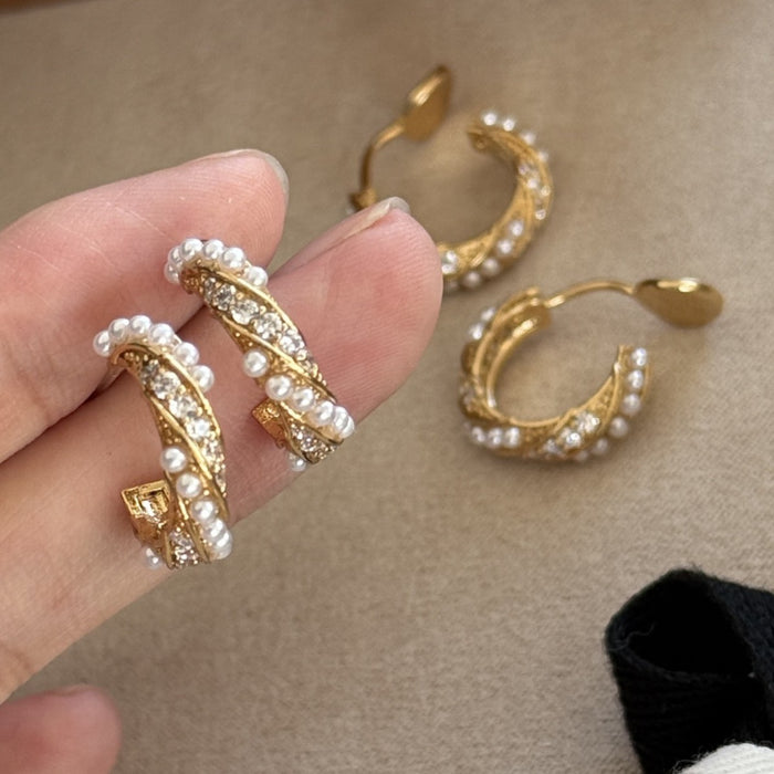 Twist Wrapped Pearl Fine Diamond Stud Earrings